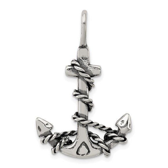 Sterling Silver Nautical 3D Antiqued Anchor and Rope Necklace